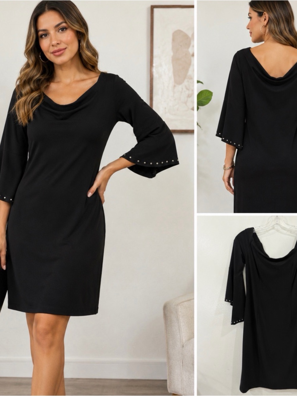 Black Off-Shoulder Evening Dress with Studded Bell Sleeves